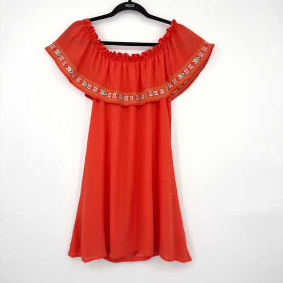 THML Orange Aztec-Inspired Embroidered Off Shoulder Ruffle Mini Dress Sz Medium - Picture 1 of 13